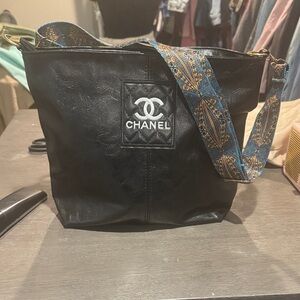 Black Tote Bag with Patterned Strap